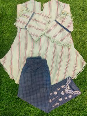 2 Pcs Girl's Cotton Lawn Embroidered Shirt And Trouser Suit