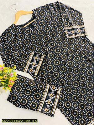 2 Pcs Women's Stitched Lawn Plain Shirt And Trouser