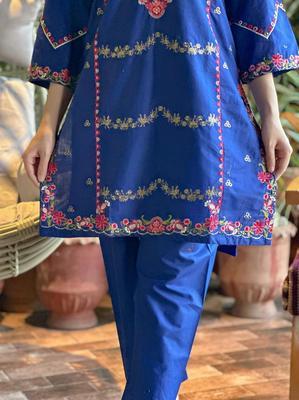 2 Pcs Women's Stitched Cotton Embroidered Shirt And Trouser