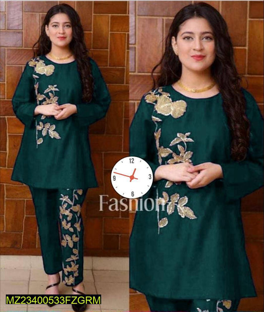 2 Pcs Women Stitched Linen Embroidered Suit