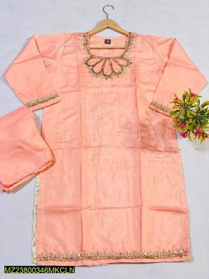 2 Pcs Women's Stitched Katan Silk Embroidered Suit