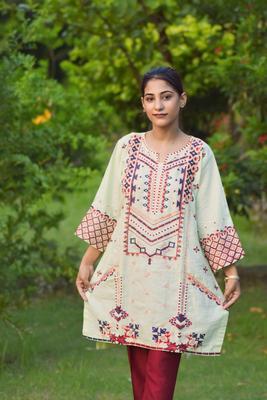 2 Pcs Women's Stitched Cotton Embroidered Shirt And Trouser