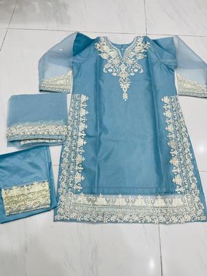 3 Pcs Women's Stitched Organza Embroidered Suit