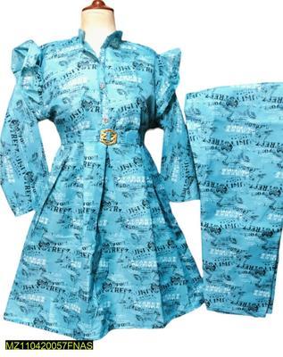 2 Pcs Women's Stitched Cotton Printed Frock And Trouser