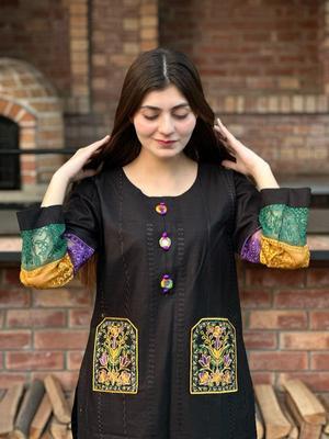 2 Pcs Women's Stitched Cotton Lawn Embroidered Shirt And Trouser