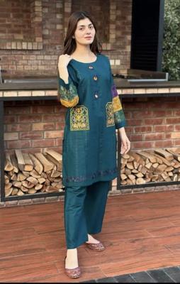 2 Pcs Women's Stitched Cotton Embroidered Shirt And Trouser