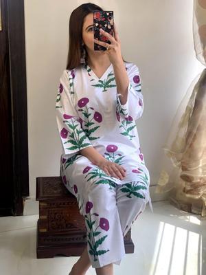 2 Pcs Women's Stitched Arabic Lawn Block Print Shirt And Trouser