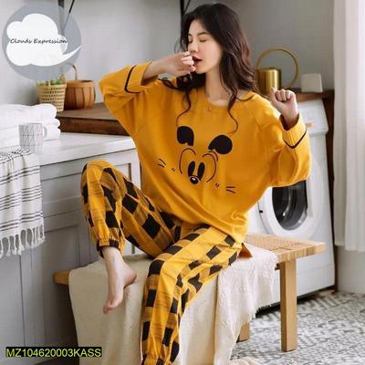 2 Pcs Women's Stitched Cotton Jersey Printed Night Suit - Yellow