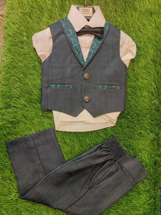 3 Pcs Boy's Stitched Cotton Plain Tuxedo Suit