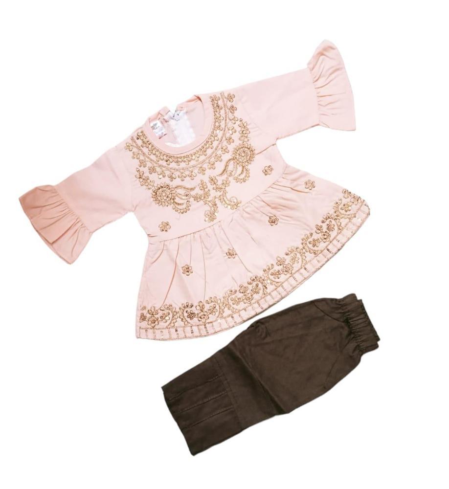 Baby Girl's Cotton Embroidered Frock And Trouser Set