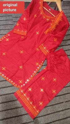 2 Pcs Women's Stitched Cotton Lawn Sequins Embroidered Shirt And Trouser