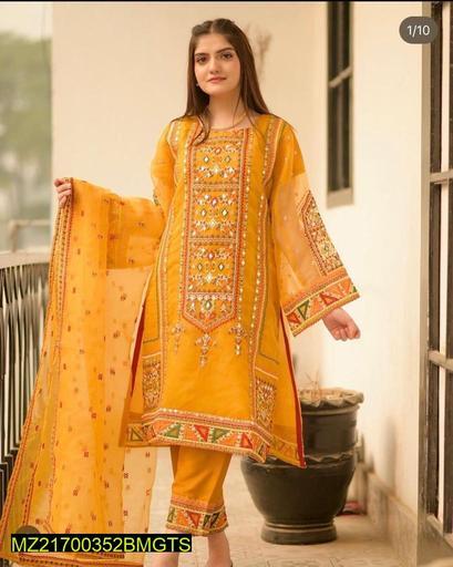 3 Pcs Women Stitched Organza Embroidered Suit