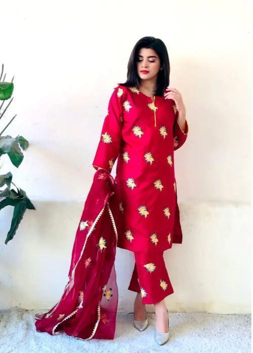 3 Pcs Women's Stitched Silk Embroidered Suit