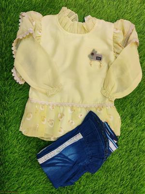 2 Pcs Girl's Chiffon Printed Shirt & Pants Set