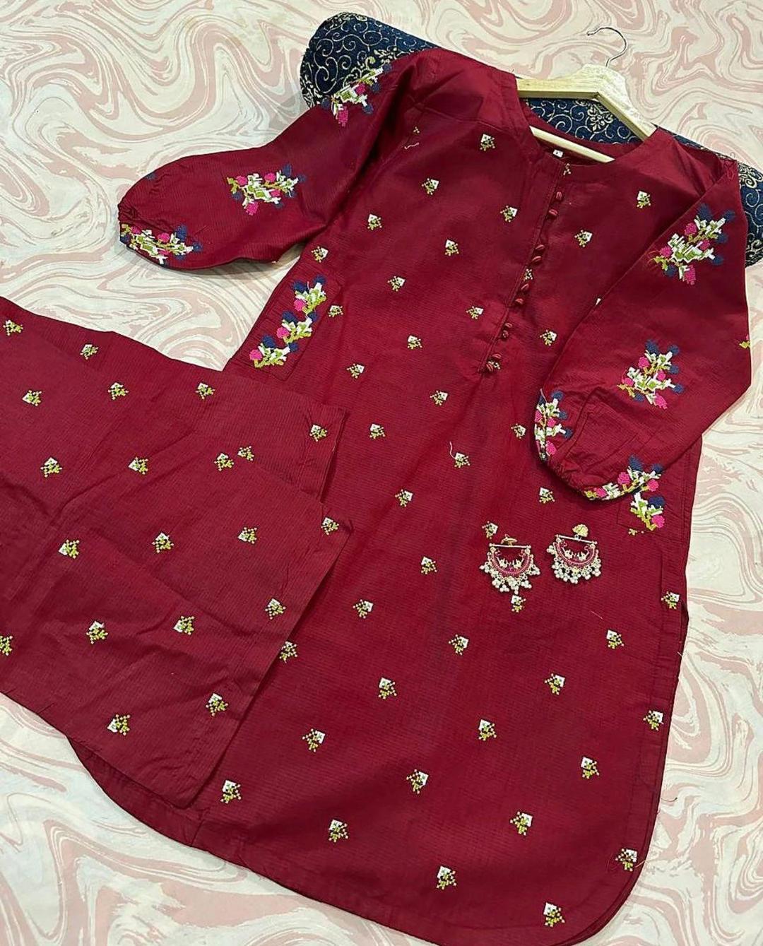 2 Pcs Women's Stitched Khaadi Net Embroidered Shirt And Trouser