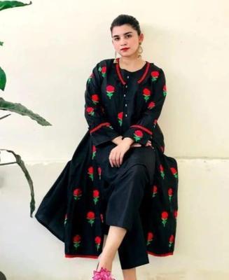 2 Pcs Women's Stitched Silk Embroidered Gown Shirt And Trouser