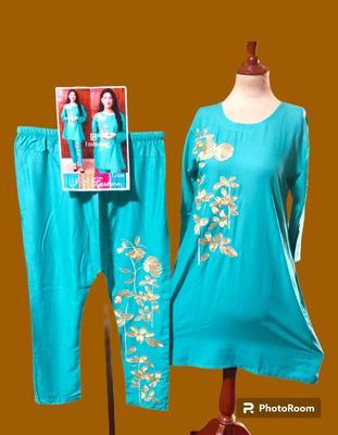 2 Pcs Women's Stitched Linen Zari Tilla Embroidered Shirt And Trouser