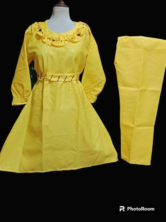 2 Pcs Women's Stitched Cotton Plain Frock - Yellow