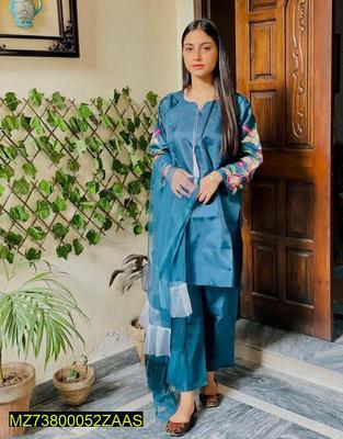 3 Pcs Women's Stitched Katan Silk Plain Suit