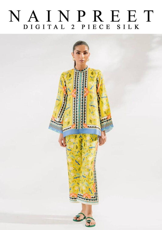 2 Pcs Women's Stitched Silk Digital Print Shirt And Trouser