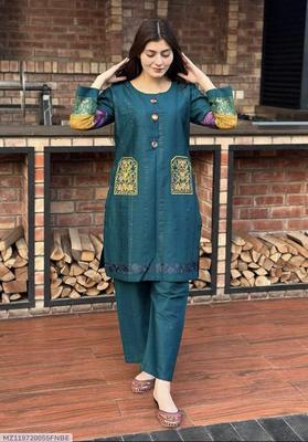 2 Pcs Women's Stitched Cotton Embroidered Shirt And Trouser