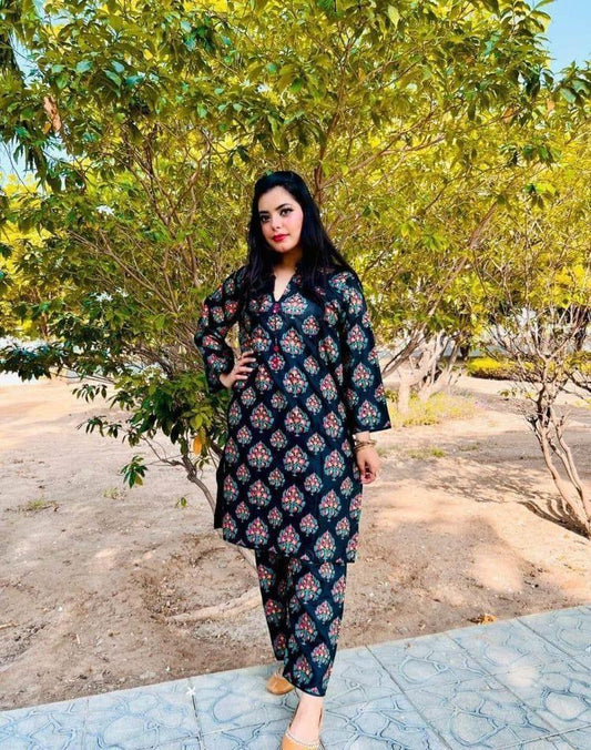 2 Pcs Women's Stitched Lawn Printed Shirt And Trouser