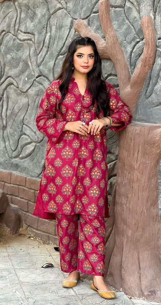 2 Pcs Women's Stitched Arabic Linen Printed Shirt And Trouser