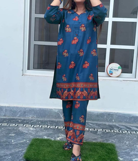 2 Pcs Women's Stitched Linen Printed Suit