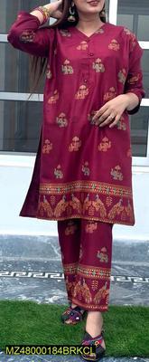 2 Pcs Women's Stitched Linen Printed Suit