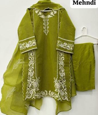 3 Pcs Women's Stitched Organza Embroidered Suit