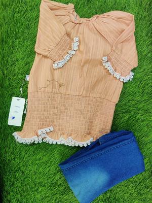 Girl's Cotton Embroidered Shirt And Jeans Set