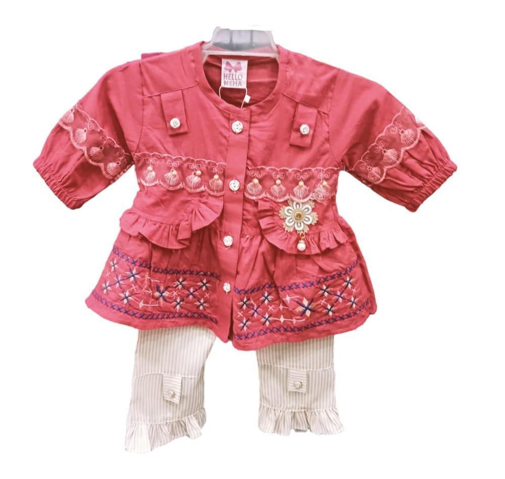 Baby Girl's Cotton Embroidered Frock And Trouser Set