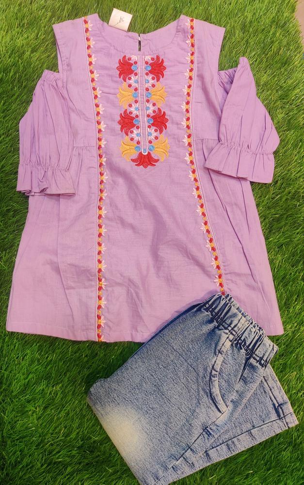 2 Pcs Girl's Cotton Lawn Embroidered Shirt And Denim Pants Set