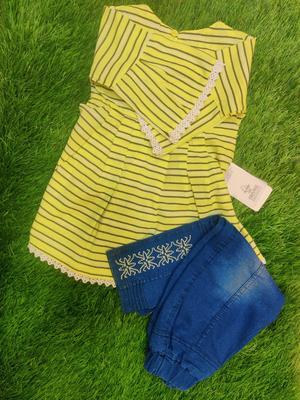 2 Pcs Girl's Cotton Lawn Embroidered Shirt And Denim Pants Set