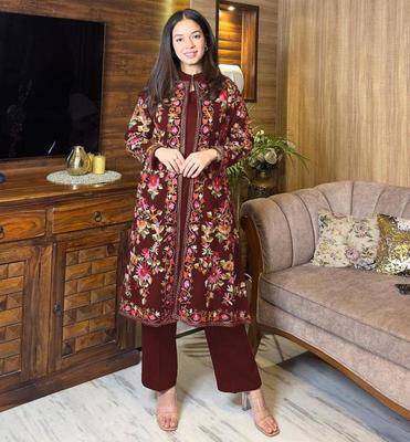 3 Pcs Women's Stitched Katan Silk Embroidered Gown Suit