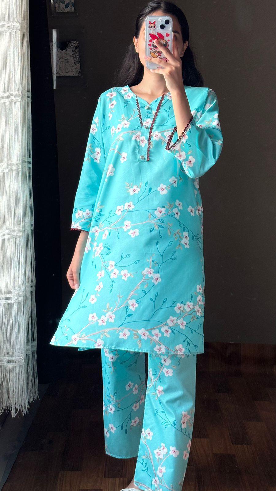 2 Pcs Women's Stitched Cotton Printed Shirt And Trouser