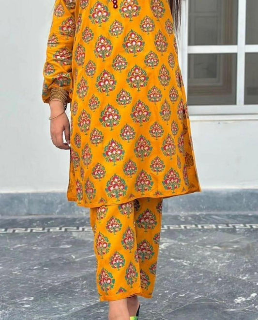 2 Pcs Women's Stitched Linen Printed Suit