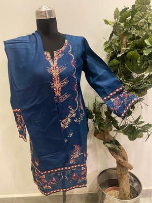 2 Pcs Women's Stitched Cotton Embroidered Shirt And Trouser