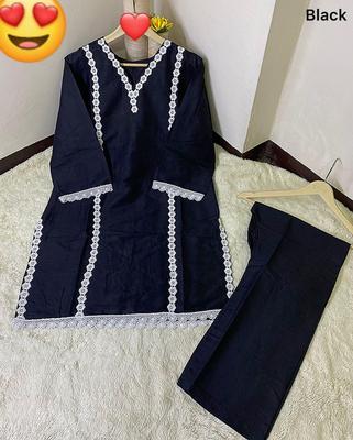 2 Pcs Women's Stitched Cotton Lace Work Shirt And Trouser