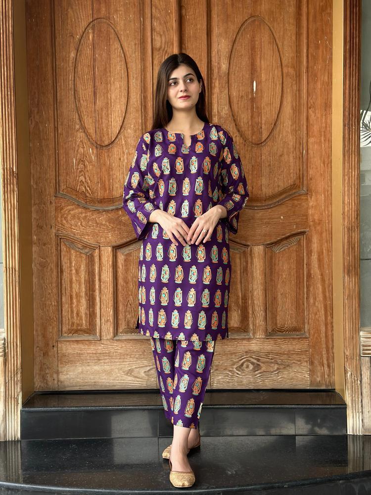 2 Pcs Women's Stitched Arabic Lawn Printed Shirt And Trouser - Purple