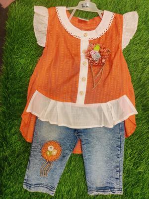 2 Pcs Girl's Cotton Lawn Plain Shirt And Denim Jeans Set