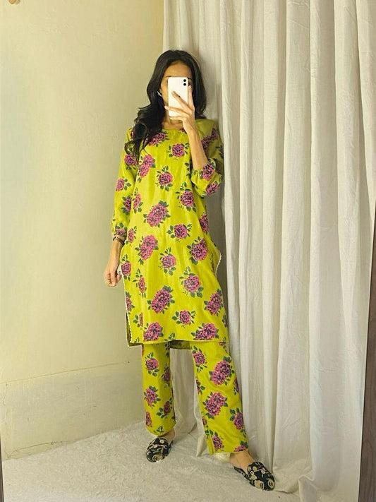 2 Pcs Women's Stitched Linen Printed Suit