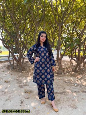 2 Pcs Women's Stitched Arabic Linen Printed Shirt And Trouser