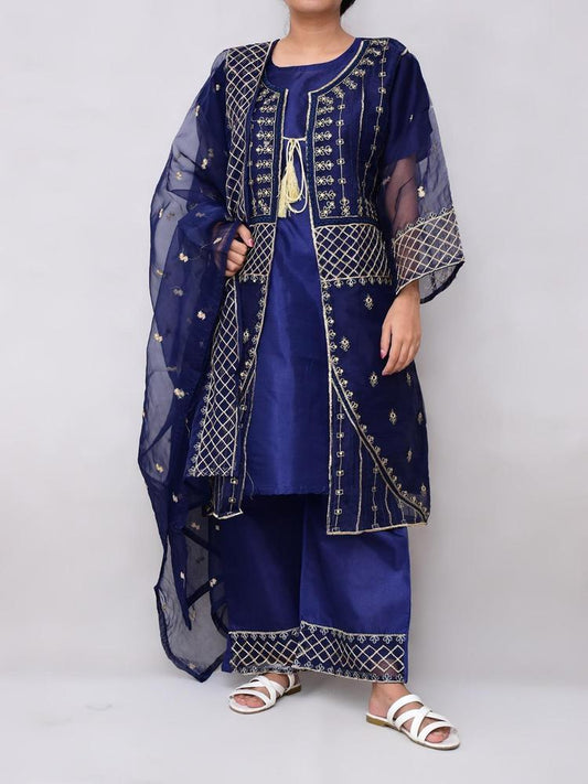 3 Pcs Women's Stitched Organza Embroidered Suit