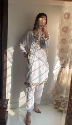 2 Pcs Women's Stitched Linen Sequins Embroidered Shirt And Trouser