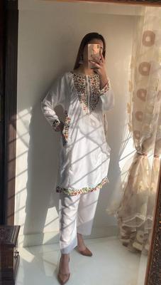 2 Pcs Women's Stitched Linen Sequins Embroidered Shirt And Trouser