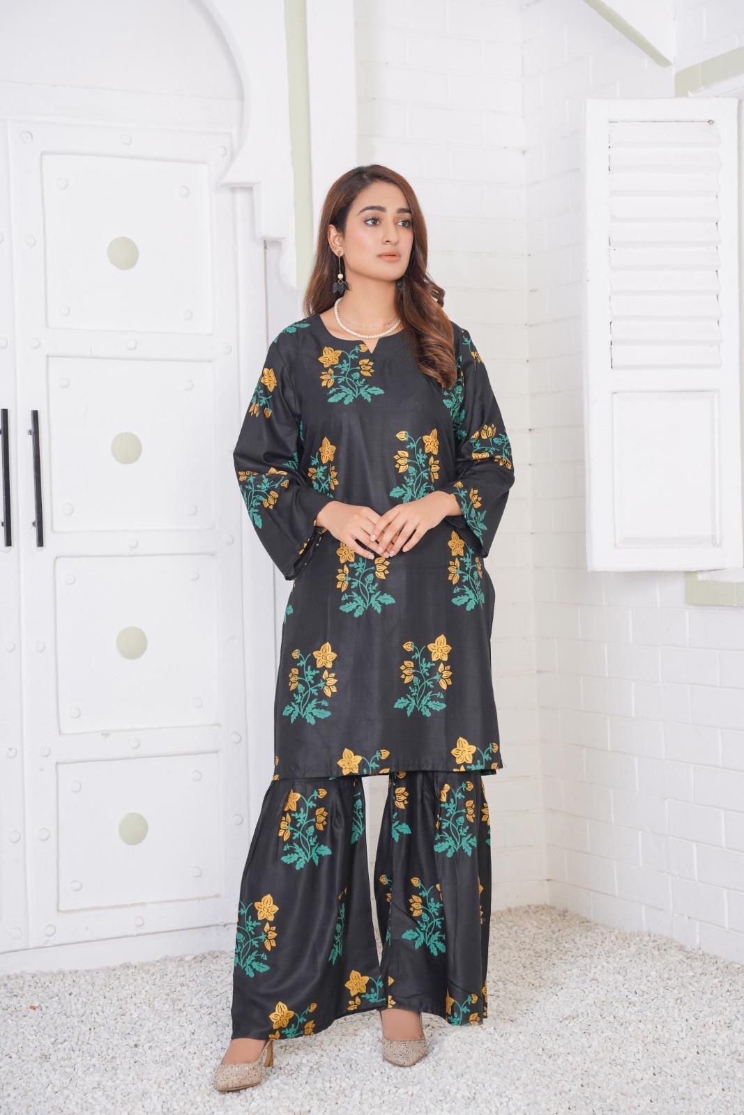 2 Pcs Women's Stitched Linen Printed Sharara Suit