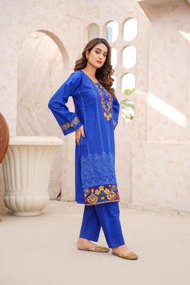 2 Pcs Women's Stitched Cotton Lawn Embroidered Shirt And Trouser