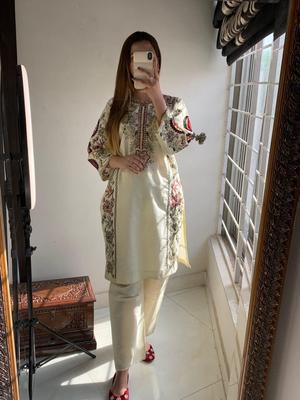 2 Pcs Women's Stitched Cotton Embroidered Shirt And Trouser