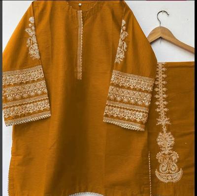 2 Pcs Women's Stitched Katan Silk Embroidered Shirt And Trouser